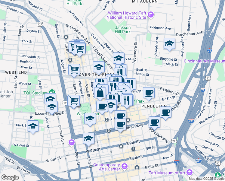 map of restaurants, bars, coffee shops, grocery stores, and more near 1335 Clay Street in Cincinnati