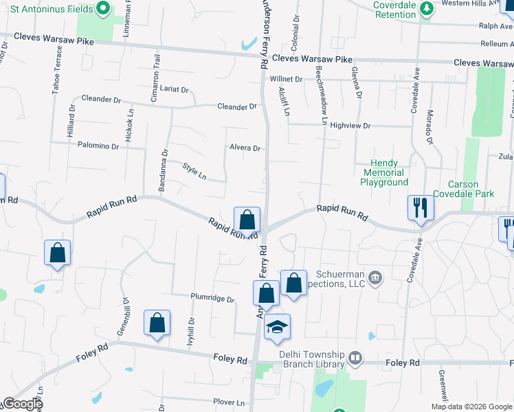 map of restaurants, bars, coffee shops, grocery stores, and more near 924 Anderson Ferry Road in Cincinnati