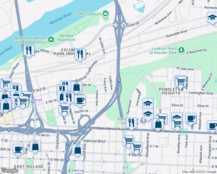 map of restaurants, bars, coffee shops, grocery stores, and more near 1308 East 5th Street in Kansas City
