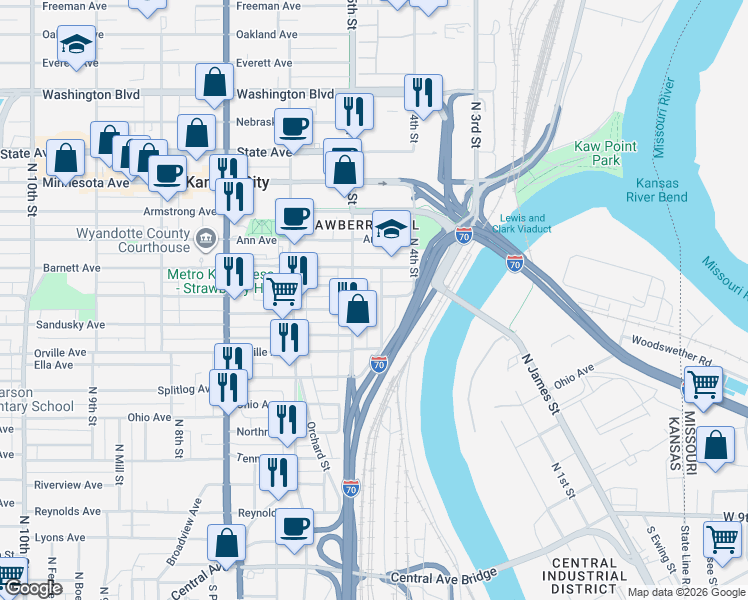 map of restaurants, bars, coffee shops, grocery stores, and more near 425 North Thompson Street in Kansas City
