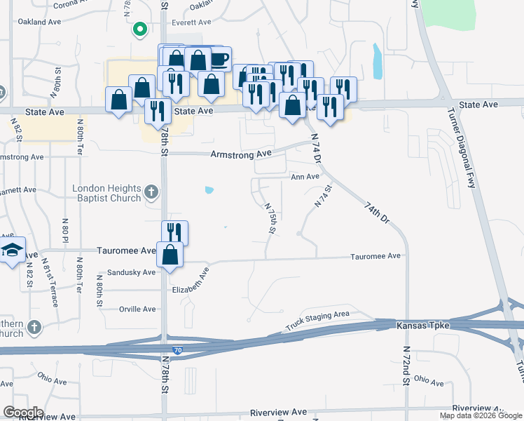 map of restaurants, bars, coffee shops, grocery stores, and more near 700 North 75th Street in Kansas City