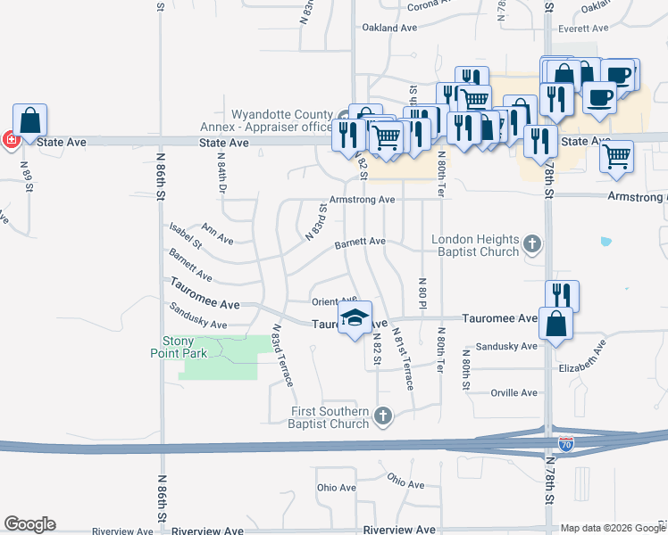 map of restaurants, bars, coffee shops, grocery stores, and more near 8305 Hunter Drive in Kansas City