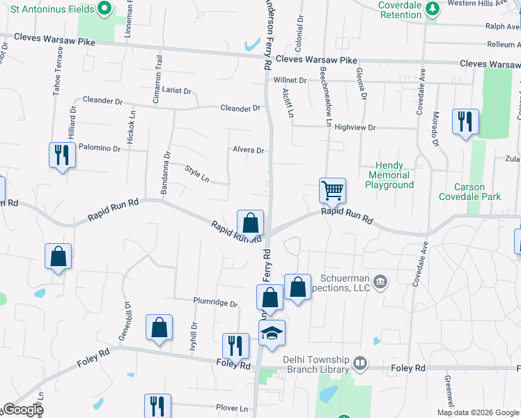 map of restaurants, bars, coffee shops, grocery stores, and more near 924 Anderson Ferry Road in Cincinnati