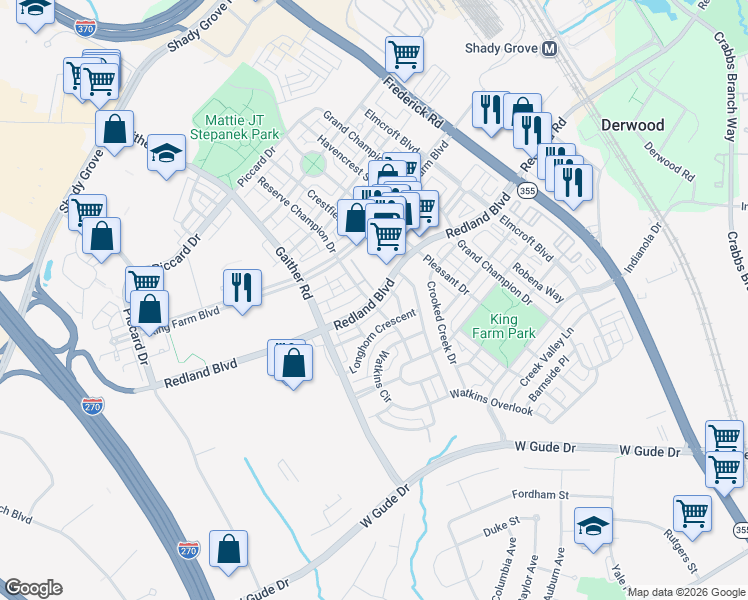 map of restaurants, bars, coffee shops, grocery stores, and more near 803 Reserve Champion Drive in Rockville
