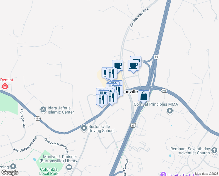 map of restaurants, bars, coffee shops, grocery stores, and more near 15600 Columbia Pike in Burtonsville