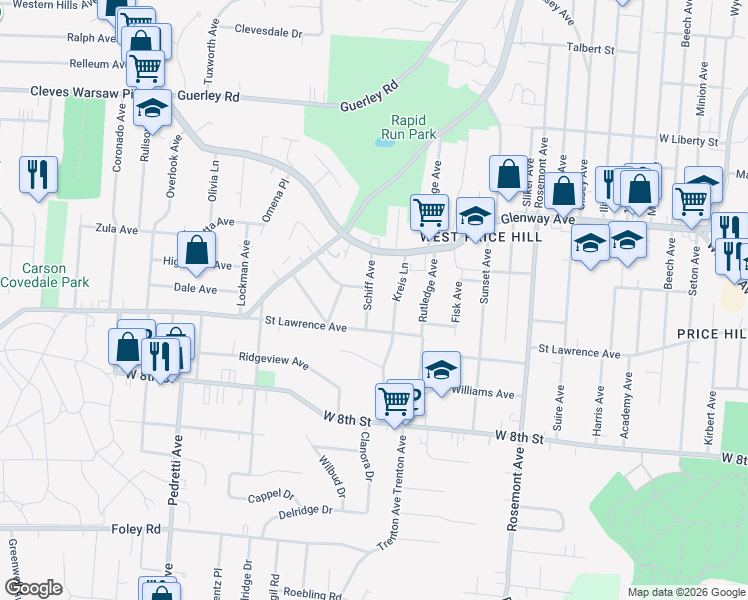 map of restaurants, bars, coffee shops, grocery stores, and more near 1026 Schiff Avenue in Cincinnati