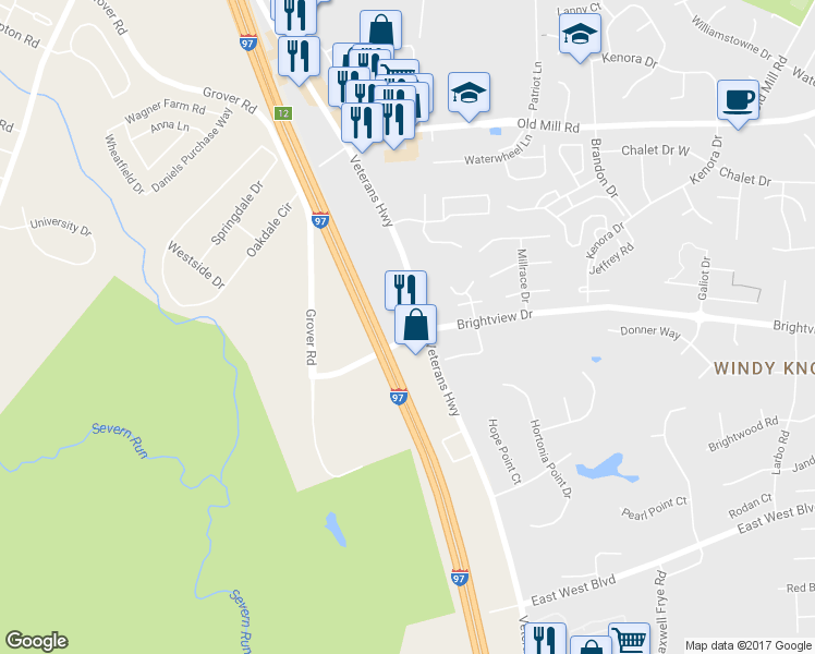 map of restaurants, bars, coffee shops, grocery stores, and more near Brightview Drive in Millersville