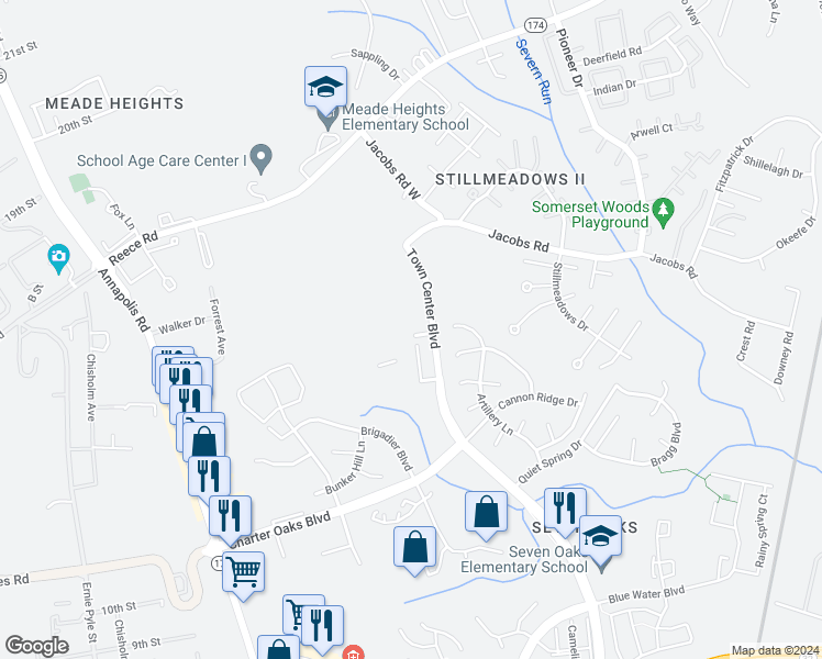 map of restaurants, bars, coffee shops, grocery stores, and more near 212 Pinecove Avenue in Odenton