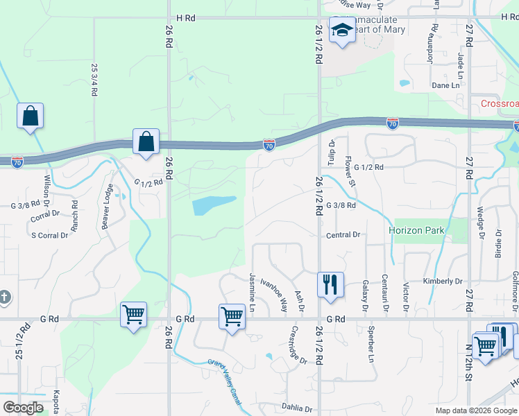 map of restaurants, bars, coffee shops, grocery stores, and more near 2615-2623 Chestnut Drive in Grand Junction
