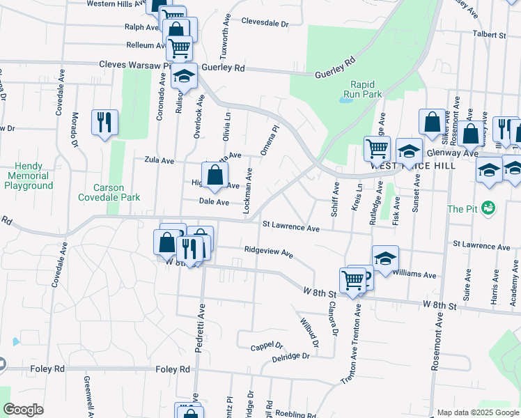 map of restaurants, bars, coffee shops, grocery stores, and more near Rapid Run Rd & Hermosa Ave in Cincinnati