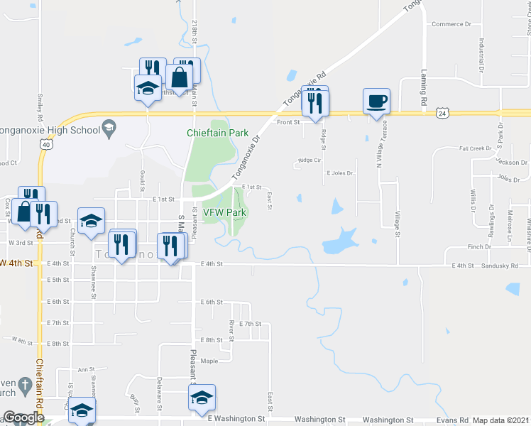 map of restaurants, bars, coffee shops, grocery stores, and more near 220 East Street in Tonganoxie