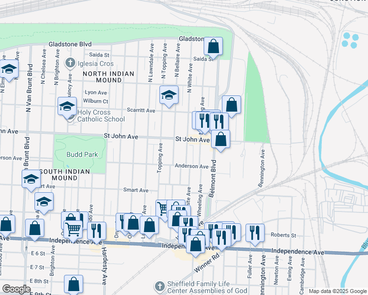 map of restaurants, bars, coffee shops, grocery stores, and more near 124 South White Avenue in Kansas City