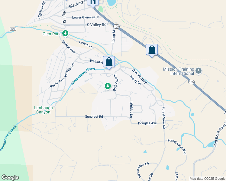 map of restaurants, bars, coffee shops, grocery stores, and more near 0 Greeley Boulevard in Palmer Lake