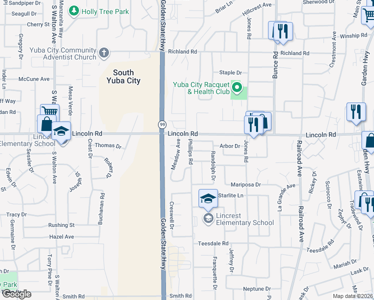 map of restaurants, bars, coffee shops, grocery stores, and more near 1167 Cotton Rosser Way in Yuba City