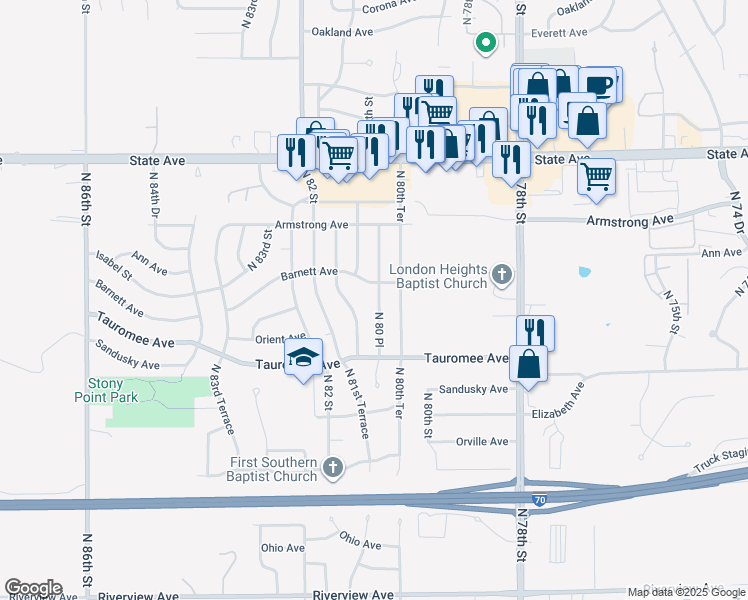 map of restaurants, bars, coffee shops, grocery stores, and more near 724 North 80th Place in Kansas City