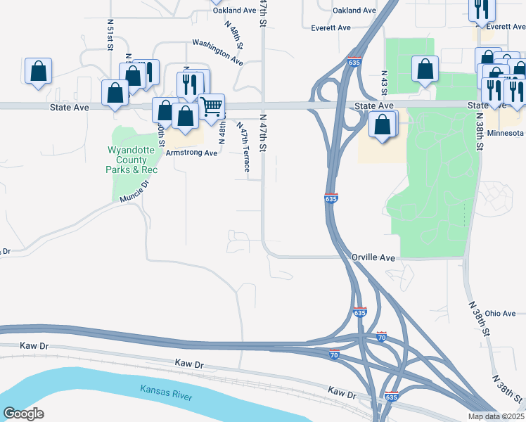 map of restaurants, bars, coffee shops, grocery stores, and more near 701 North 47th Street in Kansas City