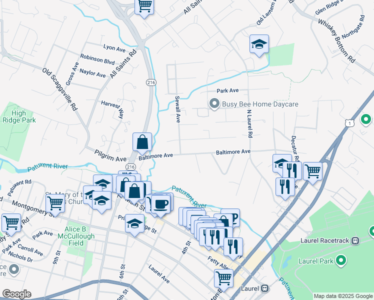 map of restaurants, bars, coffee shops, grocery stores, and more near 9680 Baltimore Avenue in Laurel