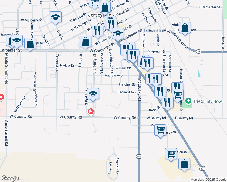 map of restaurants, bars, coffee shops, grocery stores, and more near 806 South Washington Street in Jerseyville