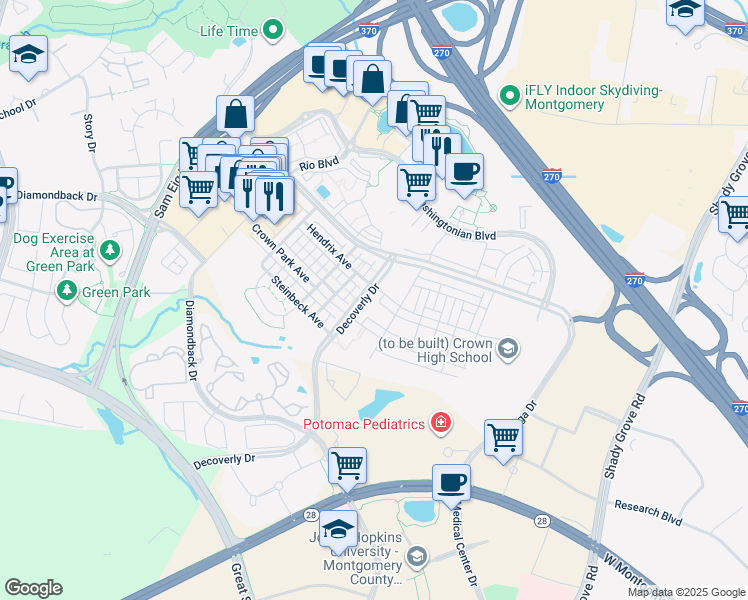map of restaurants, bars, coffee shops, grocery stores, and more near 210 Decoverly Drive in Gaithersburg