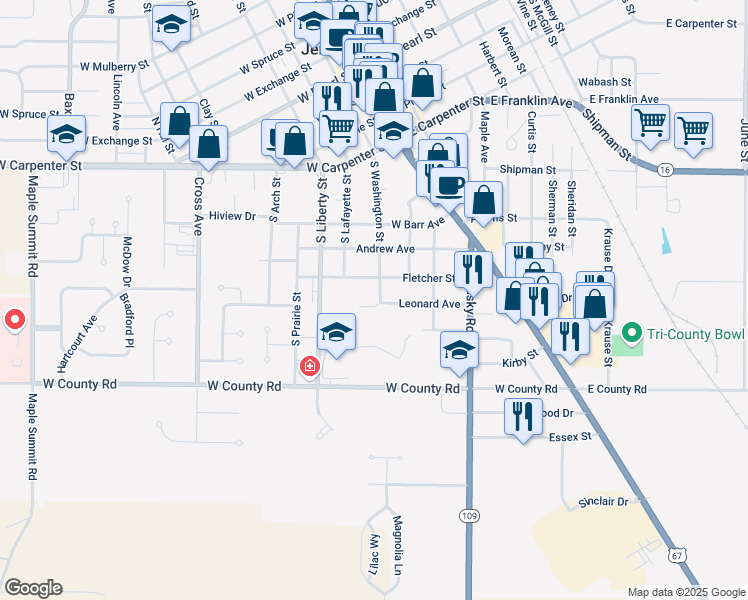 map of restaurants, bars, coffee shops, grocery stores, and more near 806 South Washington Street in Jerseyville