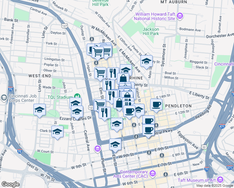 map of restaurants, bars, coffee shops, grocery stores, and more near 1419 Race Street in Cincinnati