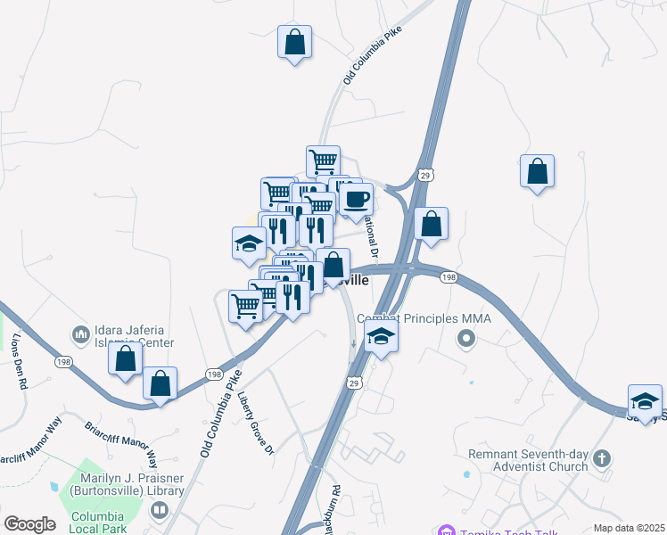 map of restaurants, bars, coffee shops, grocery stores, and more near 15600 Columbia Pike in Burtonsville