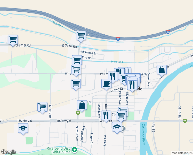 map of restaurants, bars, coffee shops, grocery stores, and more near 209 Crawford Lane in Palisade