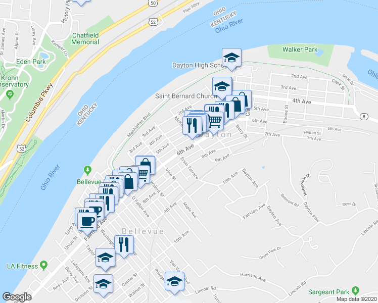 map of restaurants, bars, coffee shops, grocery stores, and more near 702 Ervin Terrace in Dayton