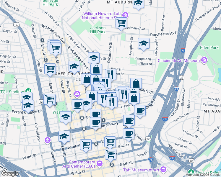 map of restaurants, bars, coffee shops, grocery stores, and more near 1322 Sycamore Street in Cincinnati