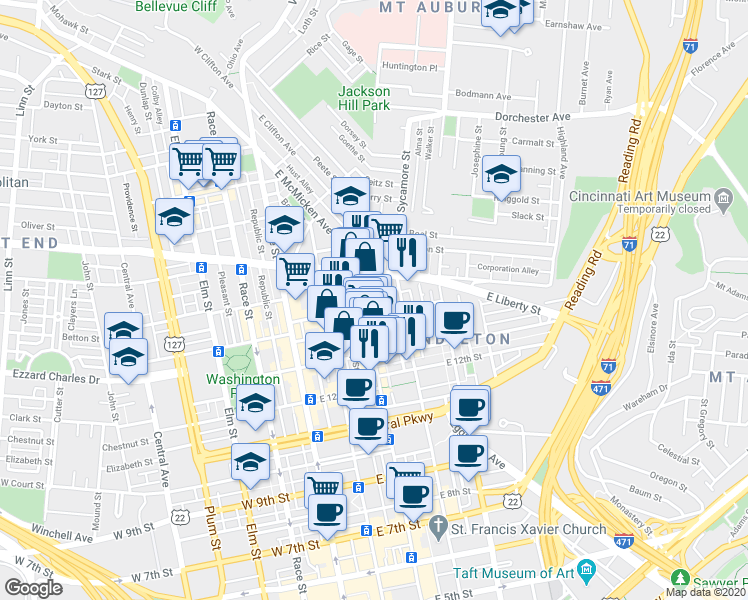 map of restaurants, bars, coffee shops, grocery stores, and more near 216 Woodward Street in Cincinnati