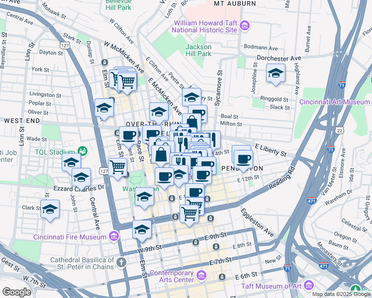 map of restaurants, bars, coffee shops, grocery stores, and more near 1335 Clay Street in Cincinnati