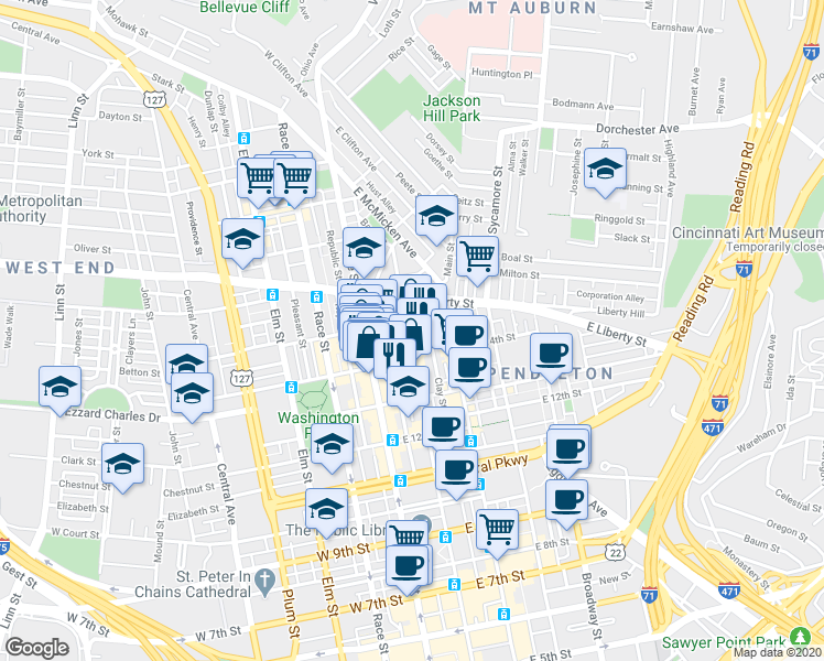 map of restaurants, bars, coffee shops, grocery stores, and more near 1415 Walnut Street in Cincinnati