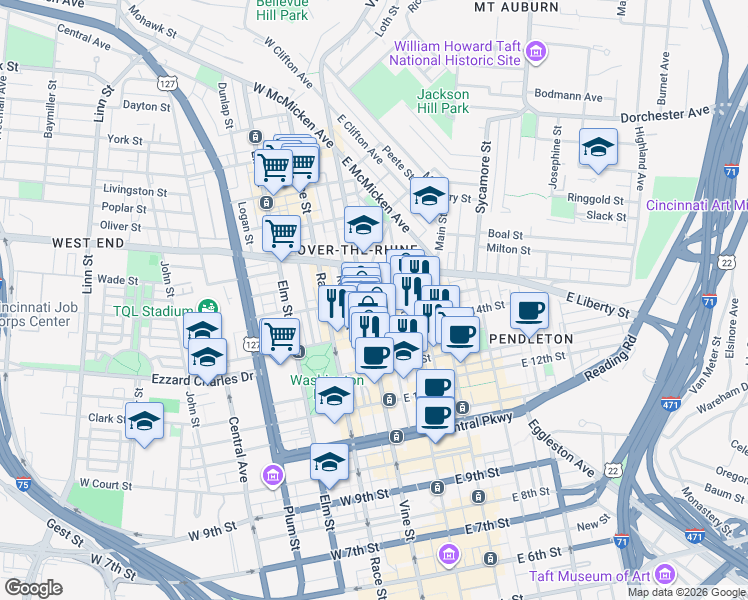 map of restaurants, bars, coffee shops, grocery stores, and more near 1415 Walnut Street in Cincinnati