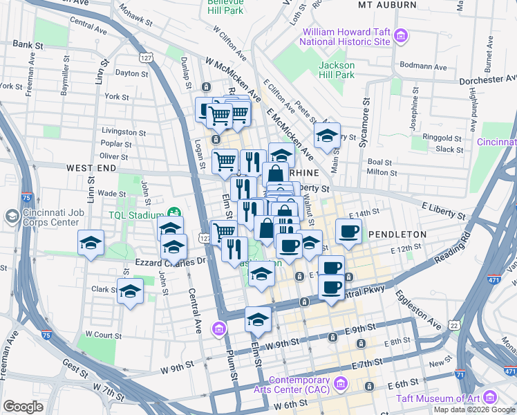 map of restaurants, bars, coffee shops, grocery stores, and more near 1419 Race Street in Cincinnati