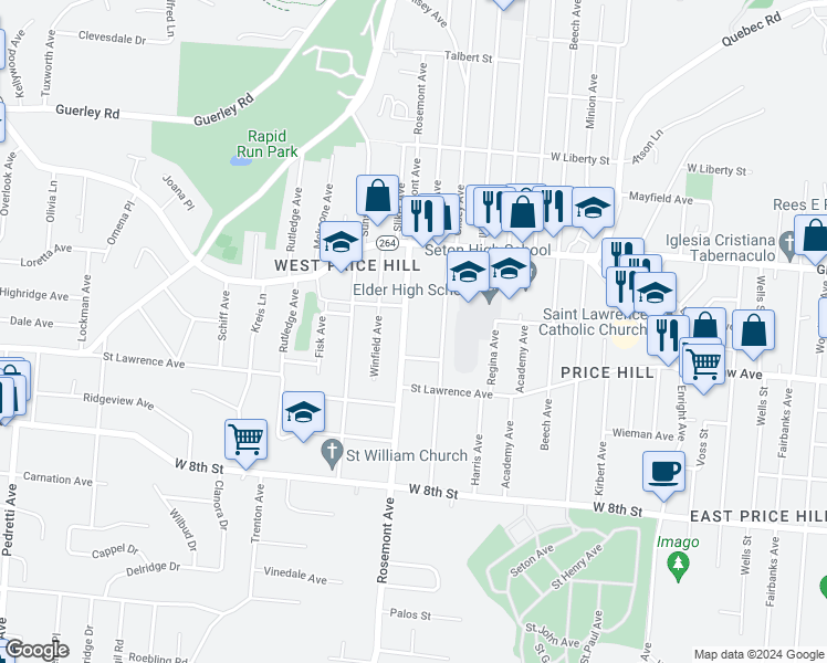 map of restaurants, bars, coffee shops, grocery stores, and more near 1029 Rosemont Avenue in Cincinnati