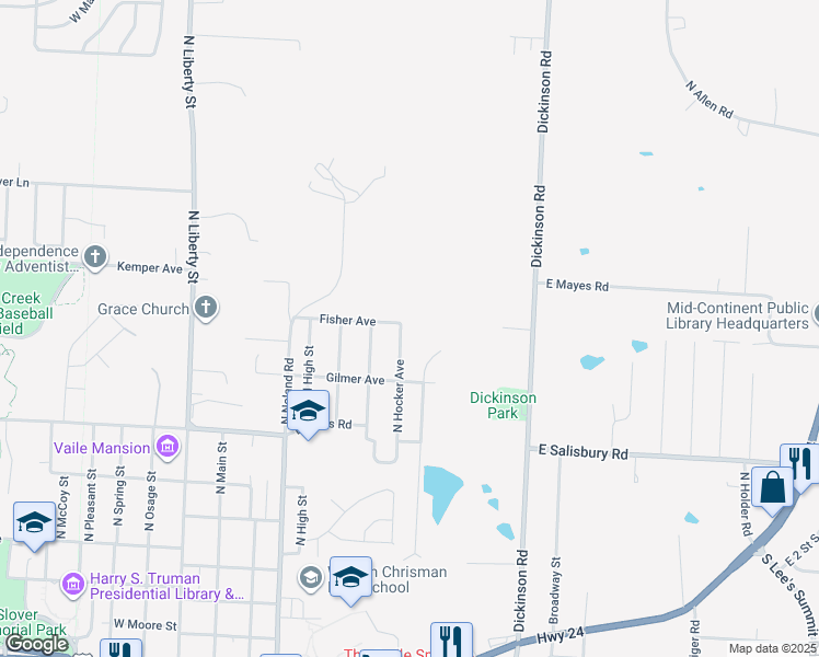 map of restaurants, bars, coffee shops, grocery stores, and more near 1716 North Emery Street in Independence