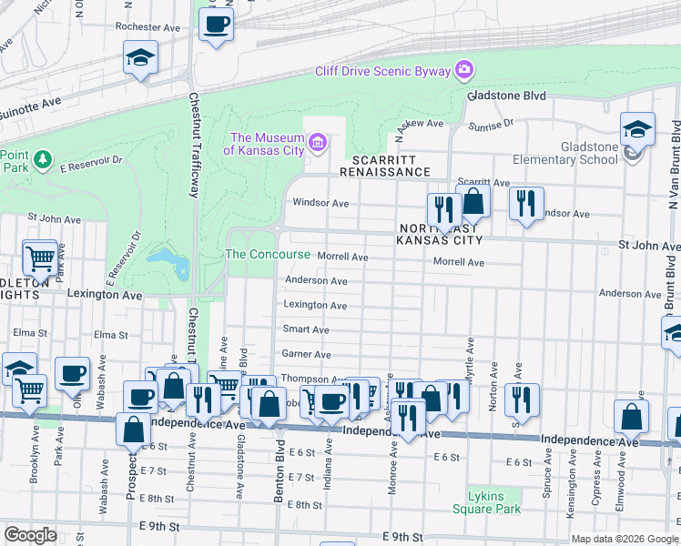 map of restaurants, bars, coffee shops, grocery stores, and more near 315 Indiana Avenue in Kansas City