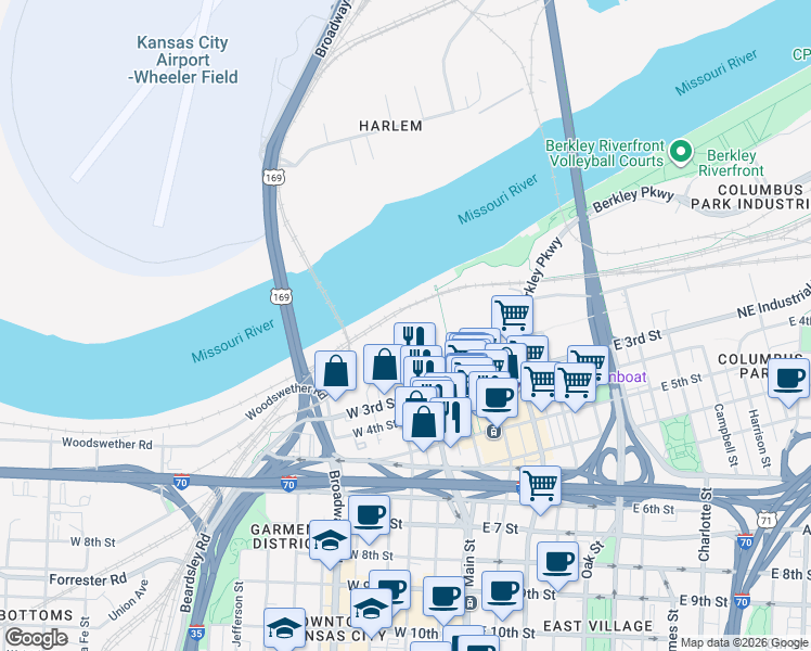 map of restaurants, bars, coffee shops, grocery stores, and more near 114 Delaware Street in Kansas City