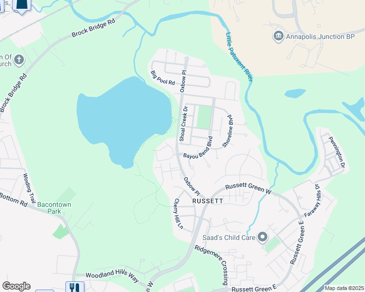 map of restaurants, bars, coffee shops, grocery stores, and more near 3045 Button Bush Lane in Laurel