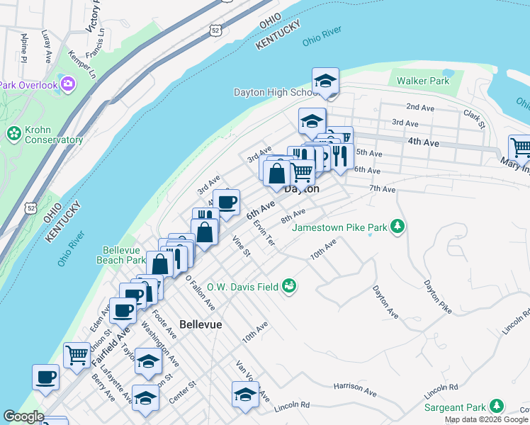 map of restaurants, bars, coffee shops, grocery stores, and more near 702 Ervin Terrace in Dayton