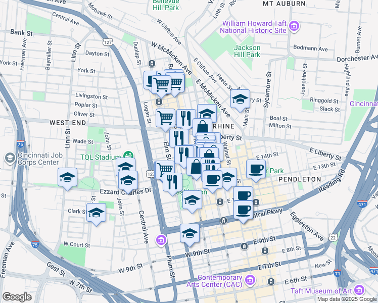 map of restaurants, bars, coffee shops, grocery stores, and more near 1504 Race Street in Cincinnati
