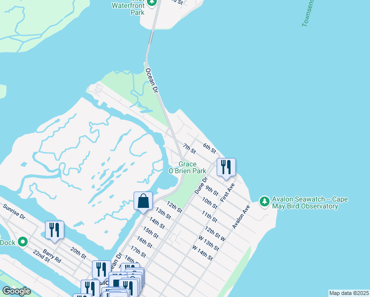 map of restaurants, bars, coffee shops, grocery stores, and more near 902 Ocean Drive in Avalon