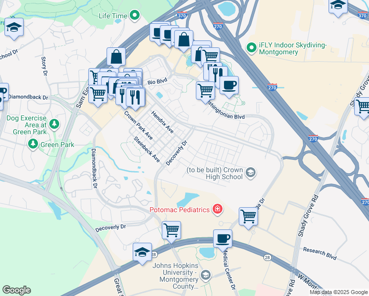 map of restaurants, bars, coffee shops, grocery stores, and more near 210 Decoverly Drive in Gaithersburg
