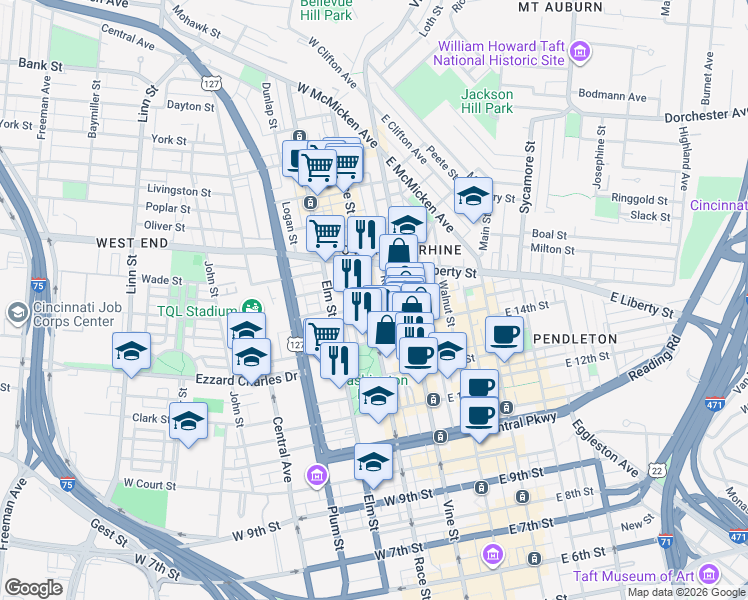map of restaurants, bars, coffee shops, grocery stores, and more near 1504 Race Street in Cincinnati