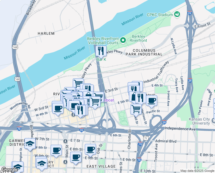 map of restaurants, bars, coffee shops, grocery stores, and more near 600 East 3rd Street in Kansas City