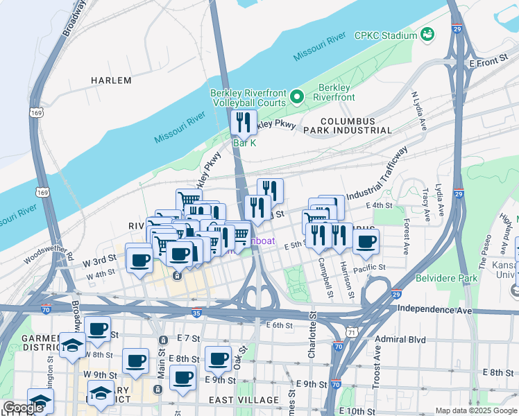 map of restaurants, bars, coffee shops, grocery stores, and more near 600 East 3rd Street in Kansas City
