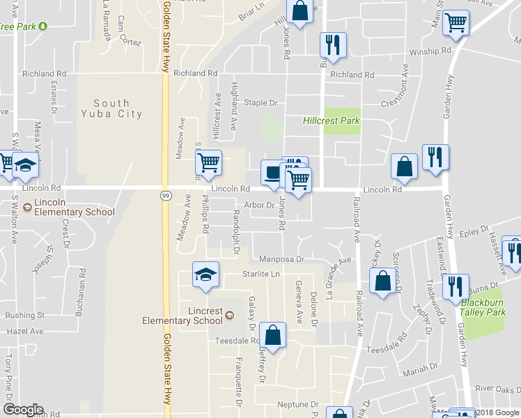 map of restaurants, bars, coffee shops, grocery stores, and more near 1070 Arbor Drive in Yuba City