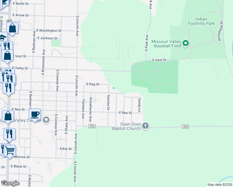 map of restaurants, bars, coffee shops, grocery stores, and more near 800 South Whippoorwill Drive in Marshall