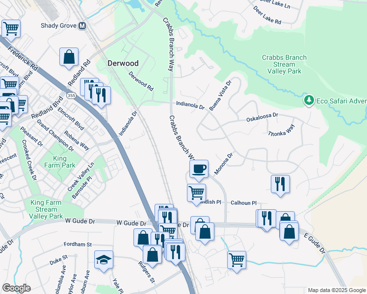 map of restaurants, bars, coffee shops, grocery stores, and more near 15800 Crabbs Branch Way in Derwood