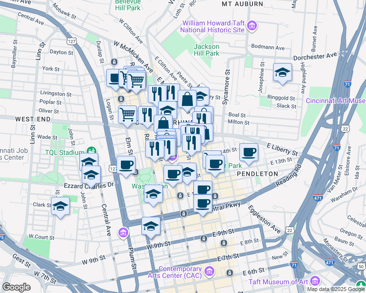 map of restaurants, bars, coffee shops, grocery stores, and more near 1447 Walnut Street in Cincinnati